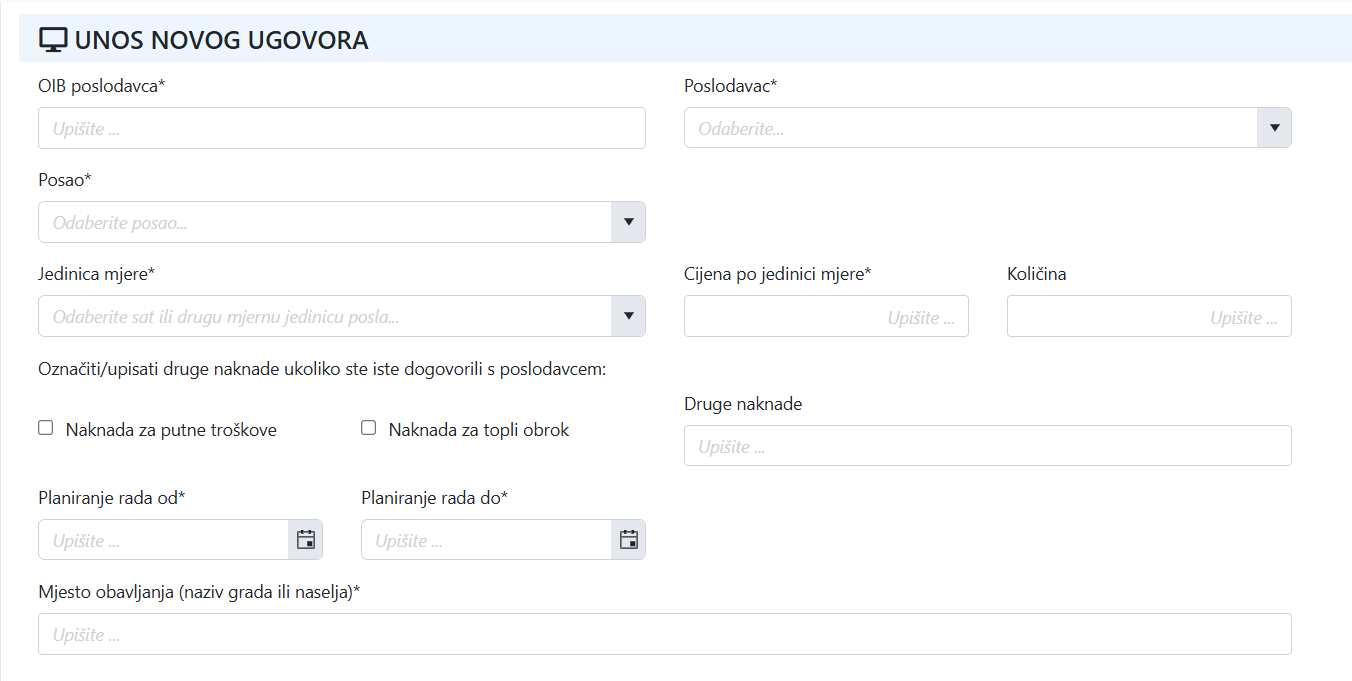 Obrazac Unos novog ugovora u Stucos sustavu