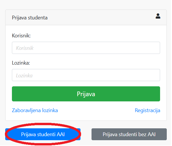 Prijava u Stucos sustav — gumb Prijava studenti AAI