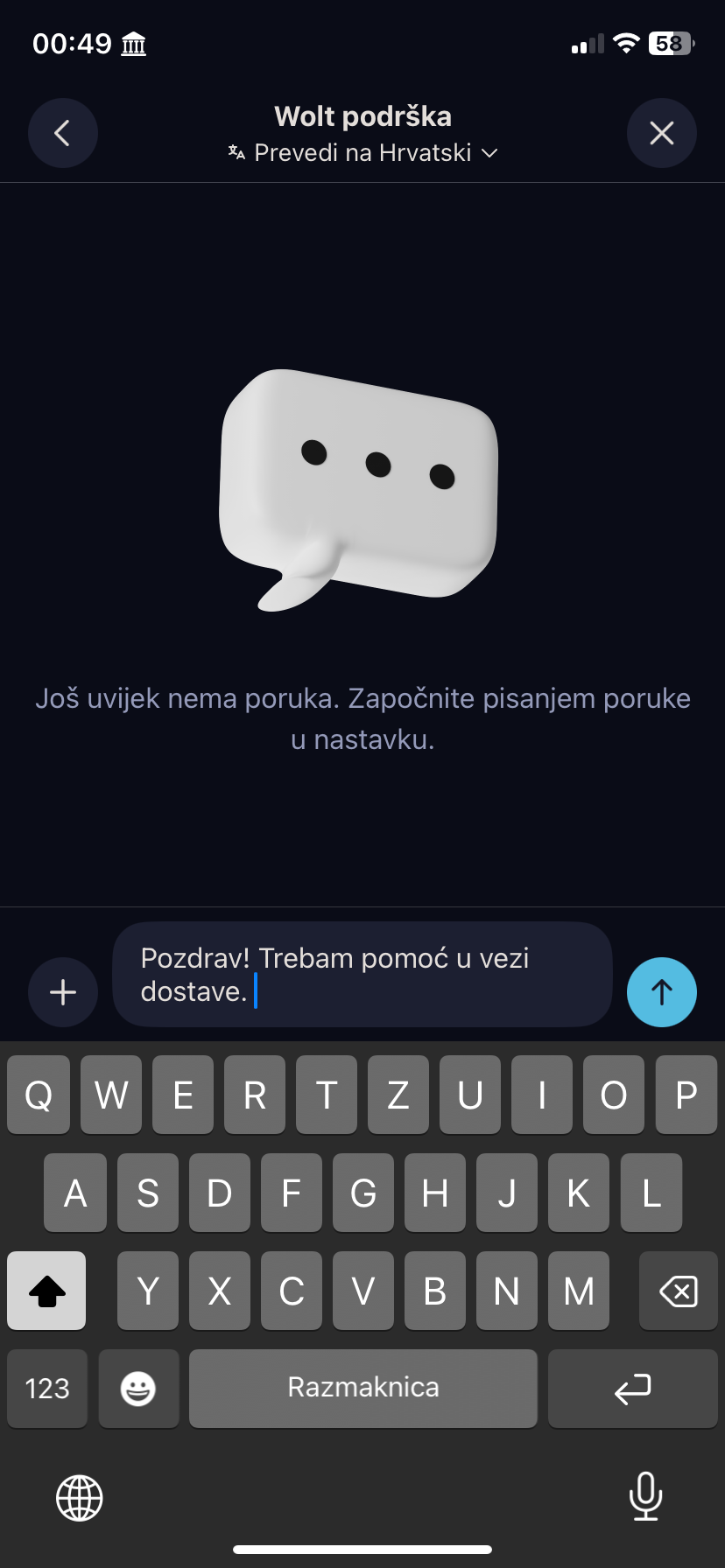 Wolt podrška — chat za slanje poruke podršci