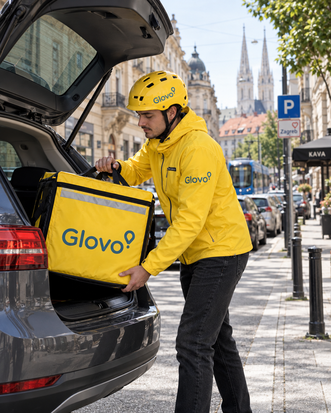 Glovo dostavljač preuzima dostavnu torbu iz automobila