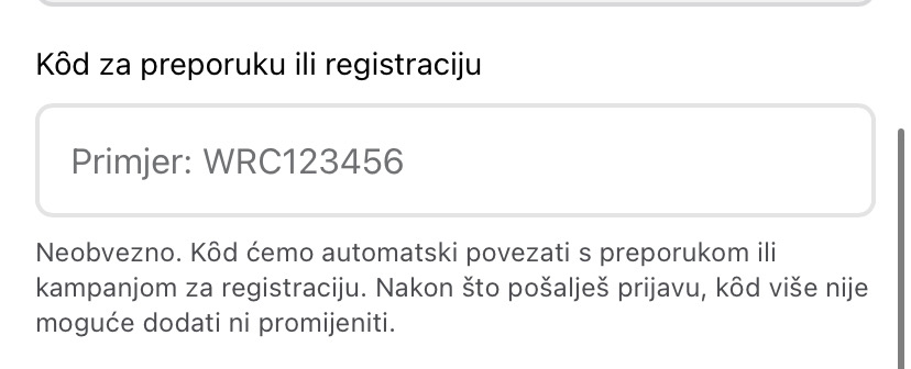 Polje Kôd za preporuku ili registraciju u obrascu za prijavu