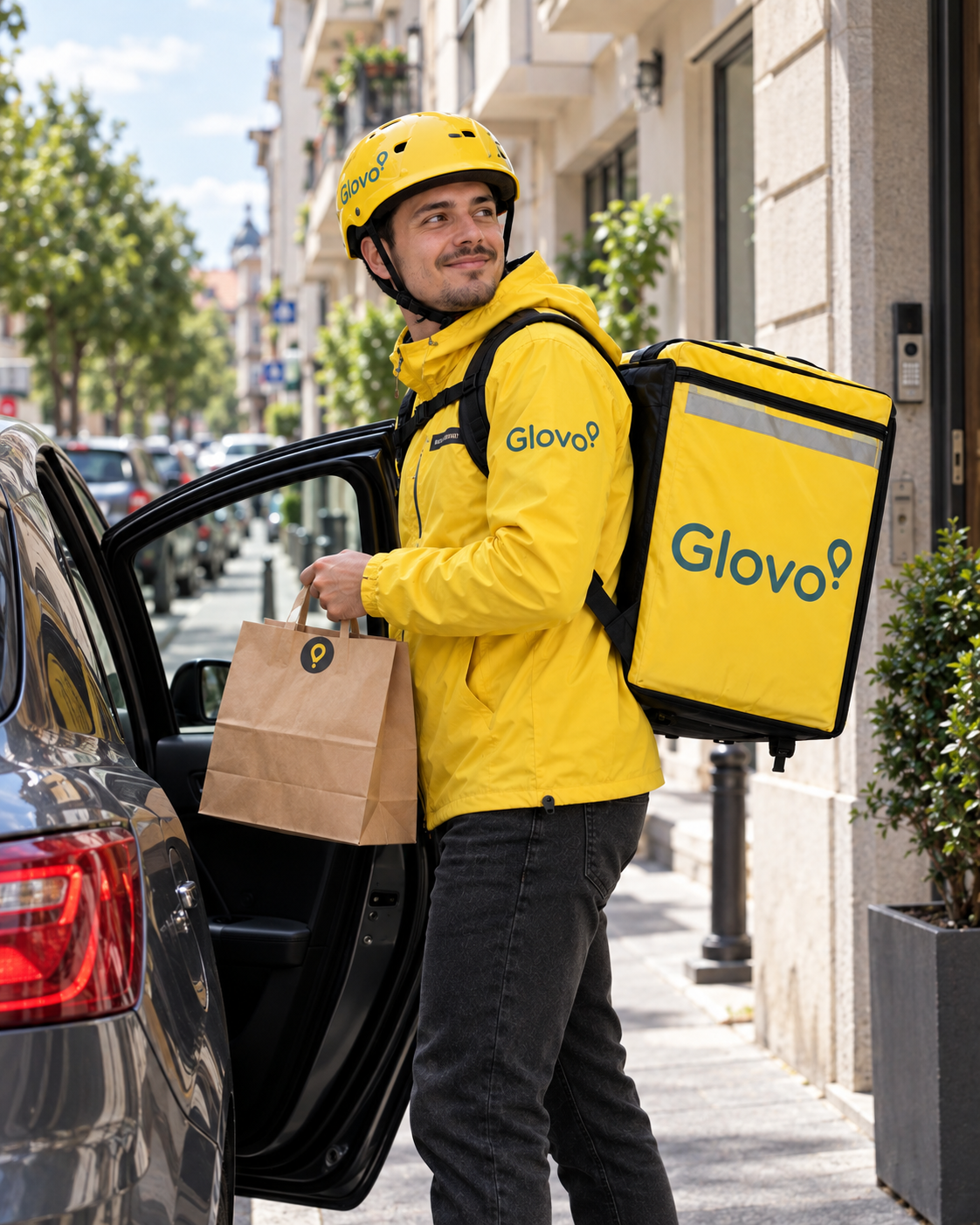 Mladi Glovo dostavljač s opremom preuzima narudžbu iz automobila