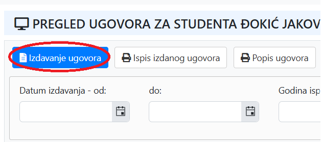 Gumb Izdavanje ugovora u pregledu ugovora