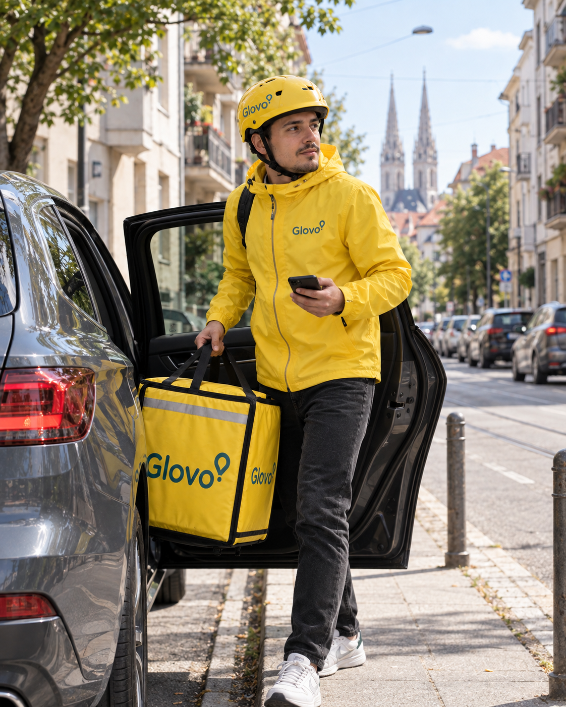 Glovo dostavljač s automobilom, telefonom i dostavnom torbom