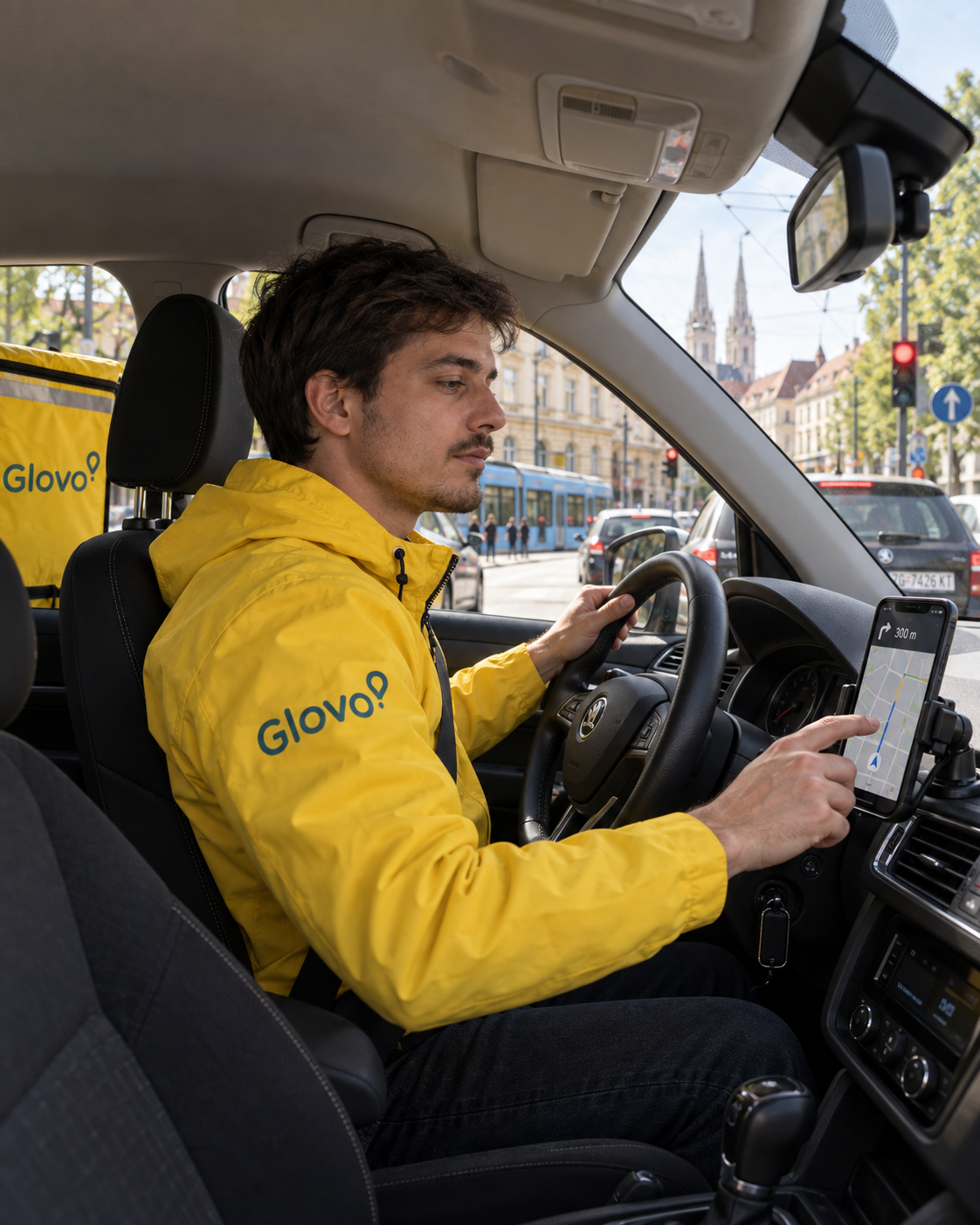 Glovo dostavljač u automobilu prati navigaciju tijekom smjene