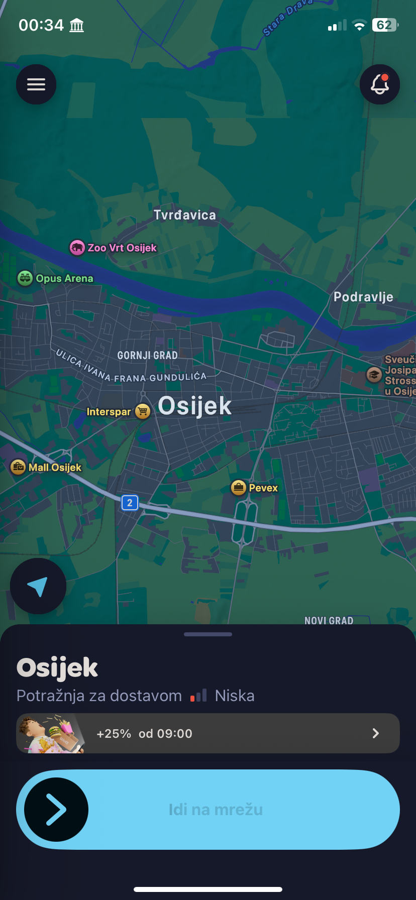 Wolt Partner aplikacija — karta grada Osijeka s trakom Idi na mrežu