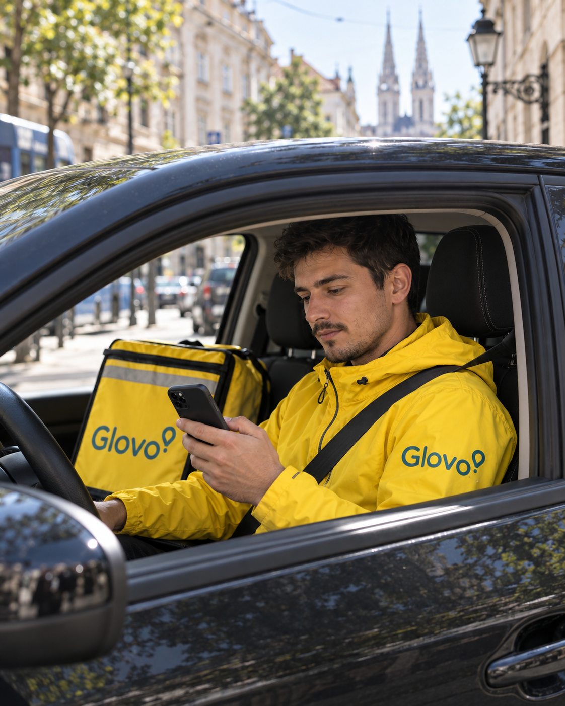 Glovo dostavljač provjerava narudžbu na telefonu u automobilu