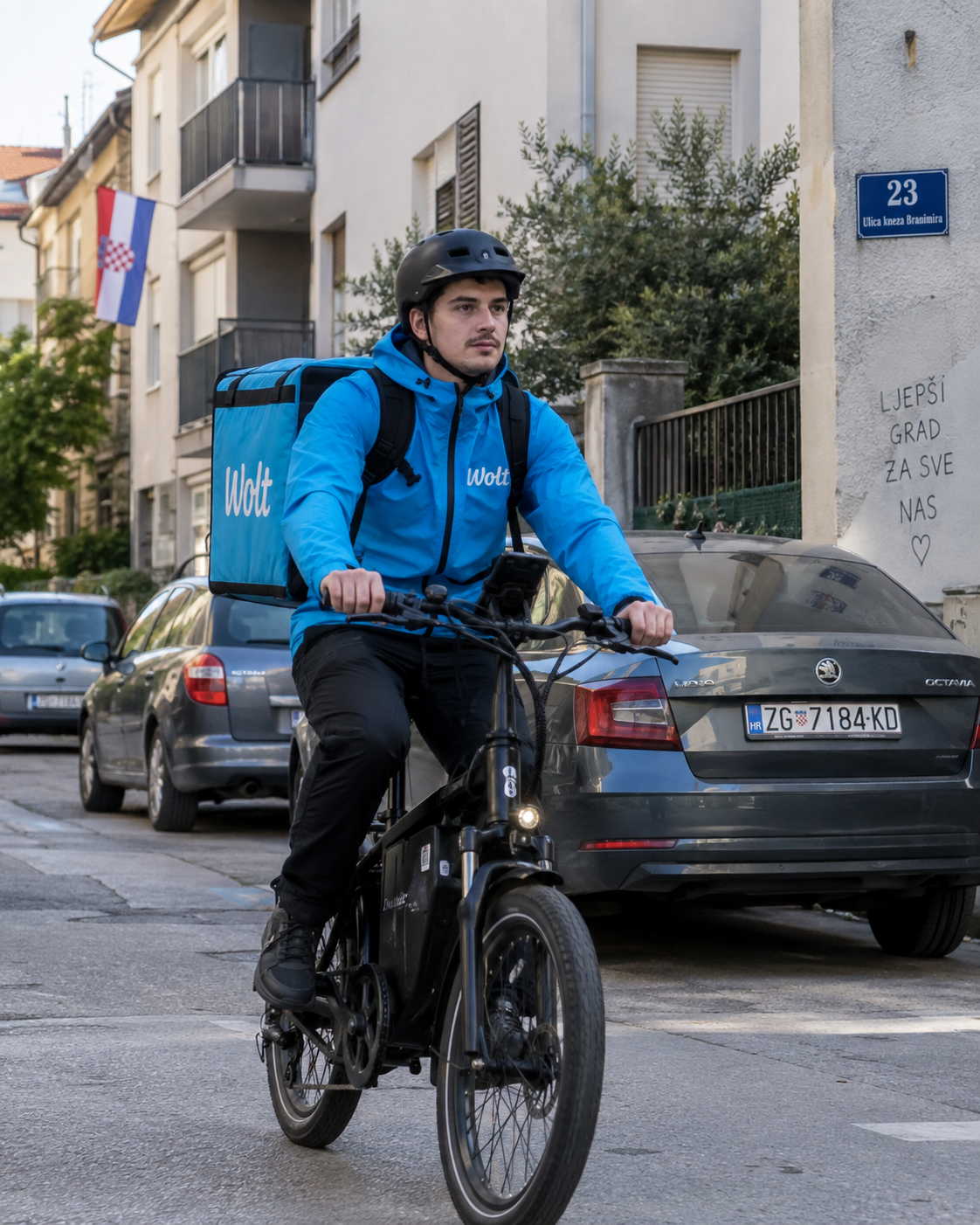 Wolt dostavljač tijekom smjene u gradu