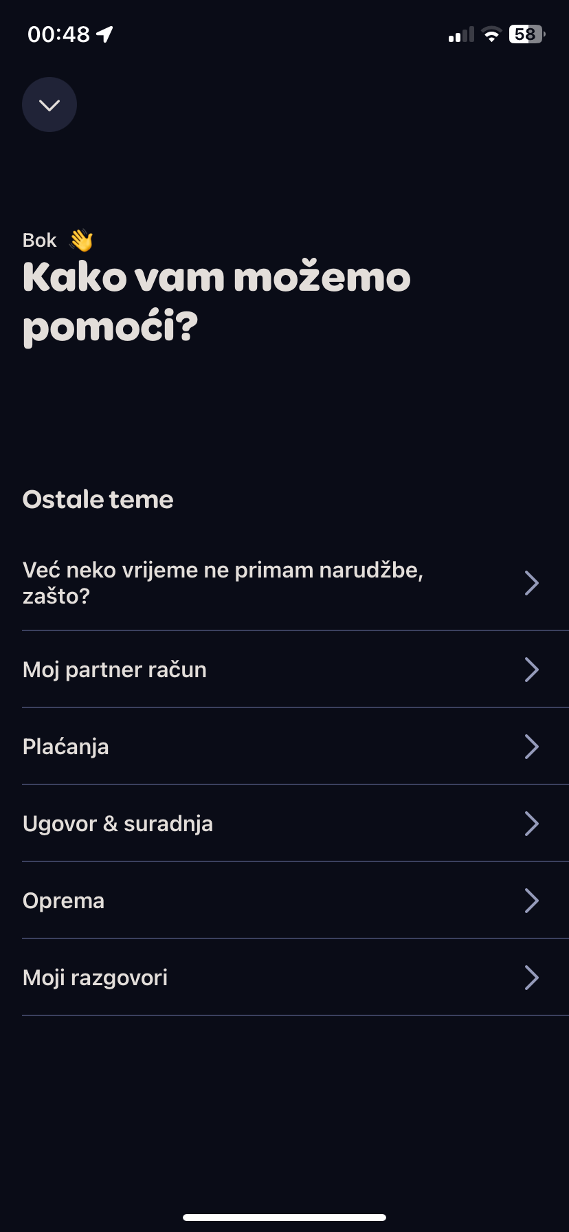 Wolt podrška — popis tema za pomoć dostavljačima